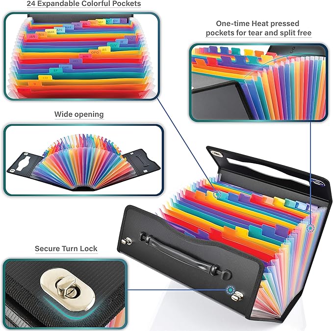 CNK Accordion File Folders with 24 Pockets Organizer for Document Paper Storage Folder Documents Expanding Binder Folio Pocket Receipt Filing Expandable Files Dividers Labels Letter Durable Handle