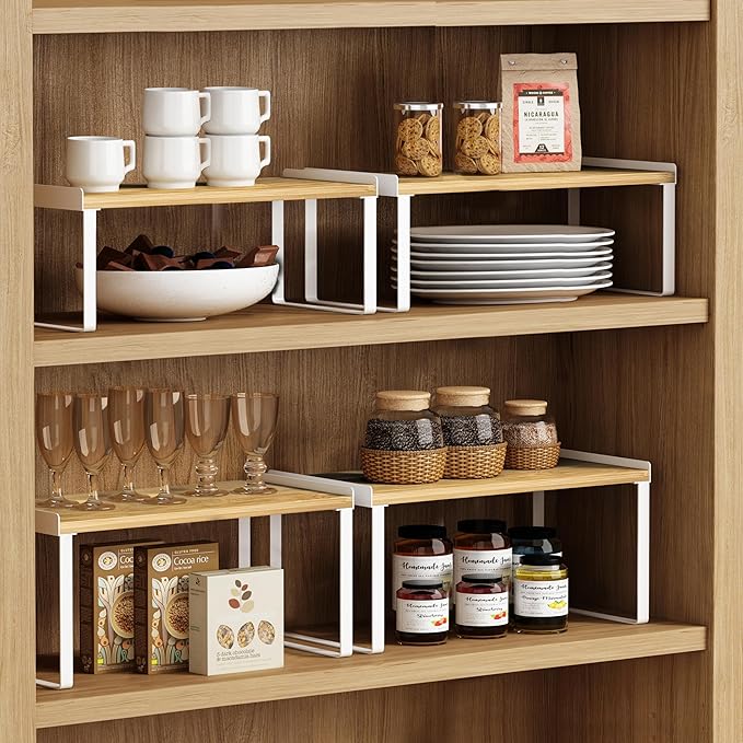 Kitchen Cabinet Organizer Shelf Set of 4, Large Stackable Pantry Cupboard Countertop Storage and Organizer, Desk Shelf Riser, Spice Plate Cup Expandable Storage Rack (Bamboo White)