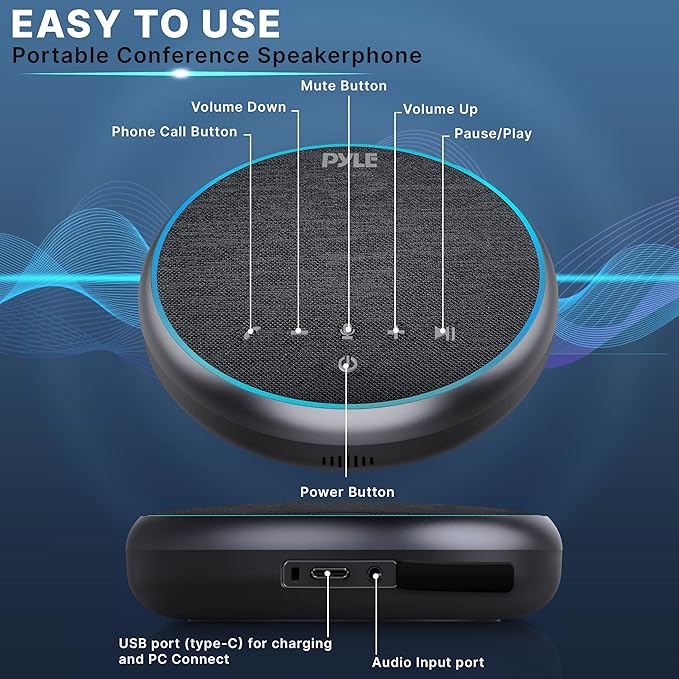 PyleUsa Conference Speaker Bluetooth Speakerphone - Multipurpose Conference & Streaming Speaker,Noise Canceling Swiss Immersive Crisp Voice Pickup for Office,Travel,Home, w/USB-C,Aux Cables - PSCN42