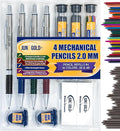 June Gold 4 Pro 2.0 mm Mechanical Pencils, 36 Colored, 36 2B, and 36 4B Refills, 2 Sharpeners, 2 Smudge Resistant Erasers, Built in Sharpeners & Soft Non-Slip Grip on Each Pencil