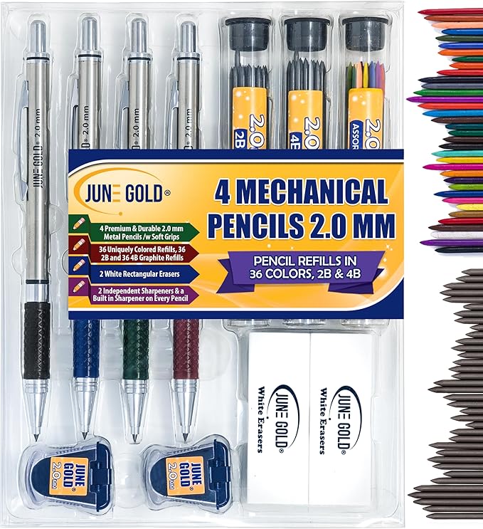 June Gold 4 Pro 2.0 mm Mechanical Pencils, 36 Colored, 36 2B, and 36 4B Refills, 2 Sharpeners, 2 Smudge Resistant Erasers, Built in Sharpeners & Soft Non-Slip Grip on Each Pencil
