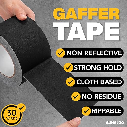 Gaffers Tape (3 Inch x 30 Yards) Strong Hold, Easy to Rip, Residue-Free Professional Grade Floor Tape for Electrical Cords, Matte Finish Non Reflective, Weather Resistant (Black)
