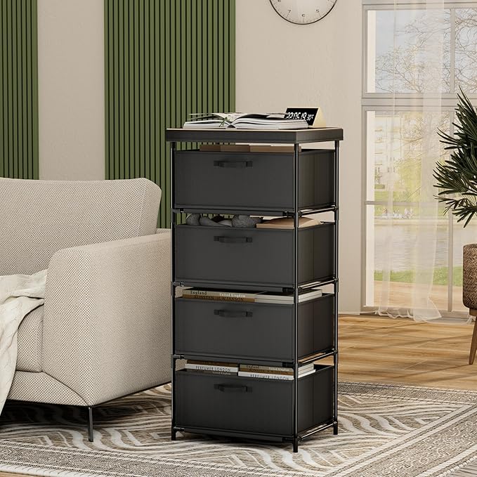 Dresser with 4 Fabric Drawer Stand Desktop Sturdy Metal Plastic Support Tube Cube Storage Cabinet for Bedroom Organization Dorm Front Hall Entryway