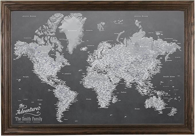 Canvas - Personalized Stormy Dreams World Push Pin Travel Map with Solid Wood Brown Frame