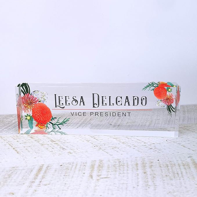 Artblox Office Desk Name Plate Personalized | Custom Name Plates for Desks | Autumn Flowers Design On Clear Acrylic Glass | Office Desk Decor - (8" x 2.5")