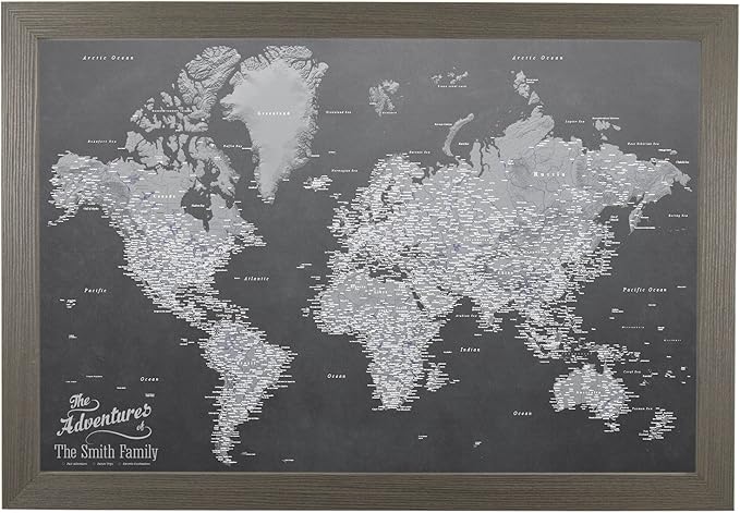 Canvas - Personalized Stormy Dreams World Push Pin Travel Map with Barnwood Gray Frame