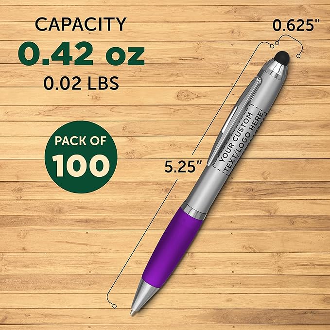 DISCOUNT PROMOS Custom Stylus Ballpoint Pens Set of 100, Personalized Bulk Pack - Black Ink, Great for Office, School, Business, Tradeshows, Events - Purple