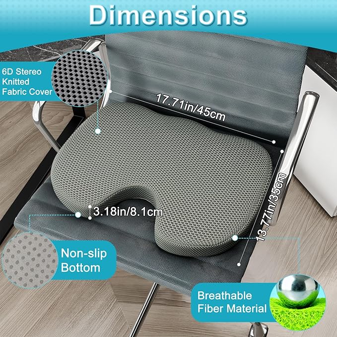 U-Shaped TPU Seat Cushion – Breathable, Easy-Wash & Durable for Long Sitting, Office Chair, Wheelchair & Car Use（Grey）