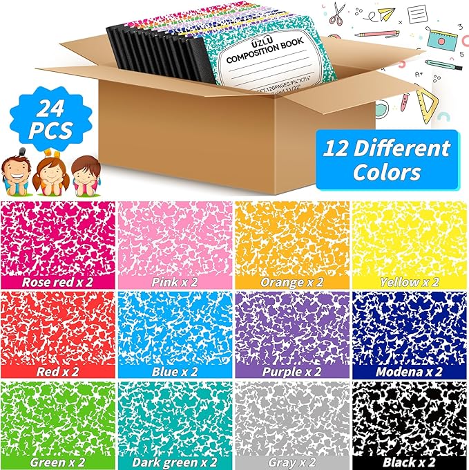 24 Pack Large Composition Notebooks Bulk 9.75 x 7.5 in Wide Ruled Composition Books 12 Color Assorted Marble Journal Notebook 60 Sheets per Book for Aldult Student College Office Back to School Supplies
