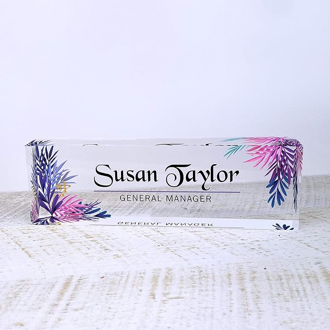 Artblox Office Desk Name Plate Personalized | Custom Name Plates for Desks | Leaf Purple Design On Clear Acrylic Glass | Office Desk Decor - (8" x 2.5")