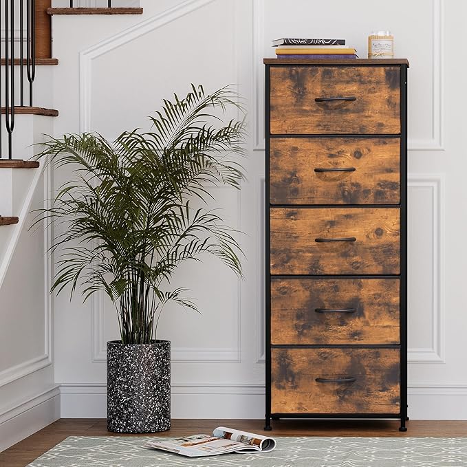 Crestlive Products Vertical Dresser Storage Tower - Sturdy Steel Frame, Wood Top, Easy Pull Fabric Bins - Organizer Unit for Bedroom, Hallway, Entryway, Closets - 5 Drawers(Rustic Brown)