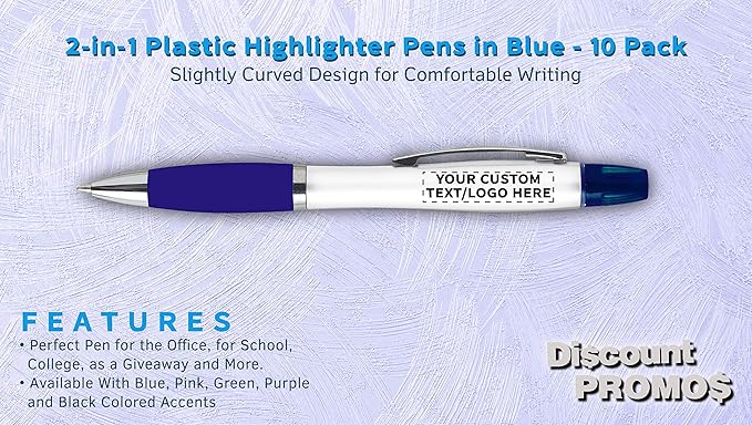 DISCOUNT PROMOS Personalized Plastic Highlighter Pens - 10 pack - Customizable Text, Logo - Blue