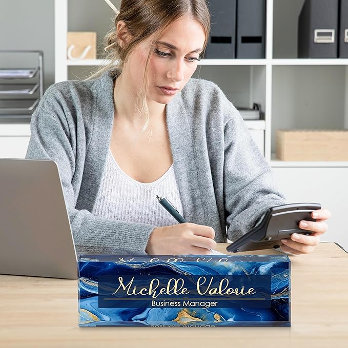 Personalized Name Plate for Desk, Custom Desk Name Plate, Acrylic Name Plate Office Desk Accessories, Personalized Office Gifts for Coworkers Teachers, Employee Appreciation Gifts (B-Blue Marble)