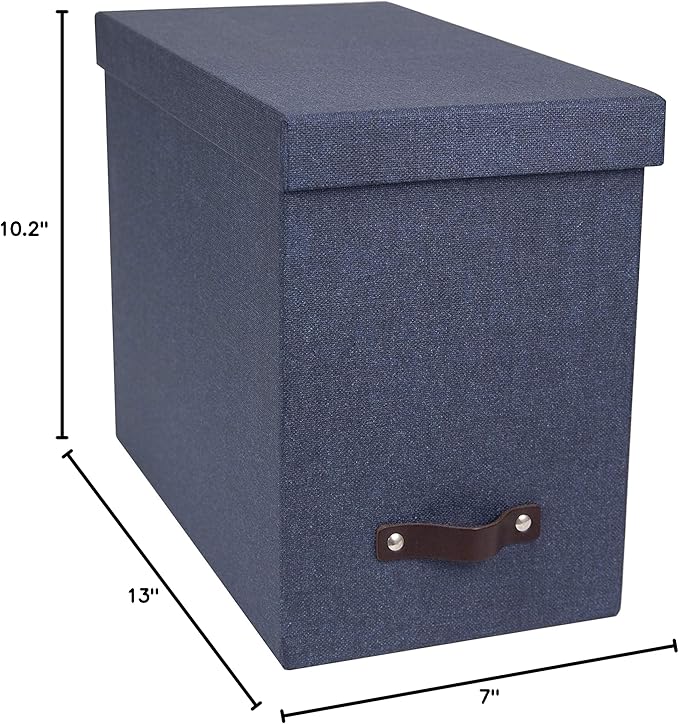 Bigso John Desktop File Box - File Storage Box and Document Organizer for Important Paperwork - Durable Hanging File Box with a Lid and Leather Handle - 7.36 in x 13.26 in x 10.51 in - Blue