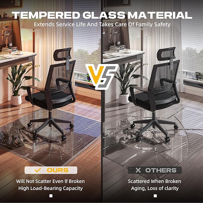 [Tempered Glass] 50“x44” Beveled Edge Glass Chair Mat with Polished Edge Clear Office Chair Mat, Glides Smoothly, Suitable for Carpet or Hardwood Floors (Grey)