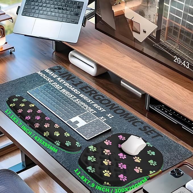 2-in-1 Ergonomic Set, Wave Keyboard Wrist Rest and Massage Slope Mouse Pad Wrist Support, Rebound Memory Foam for Relieve Carpal Tunnel Syndrome and Wrist Pain (Cute Cat Claws)