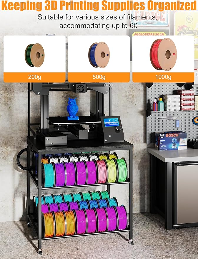 3D Printer Stand with Filaments Storage Rack Rolling 3D Printer Table with Wheels 3D Printing Stand Workbench Holder for PLA/ABS/PETG/TPU for Studio,Office, Garage, Workshop