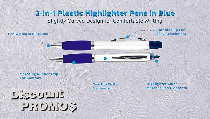DISCOUNT PROMOS 10 Plastic Highlighter Pens Pack - Rubber Grip, Black Ink - Blue