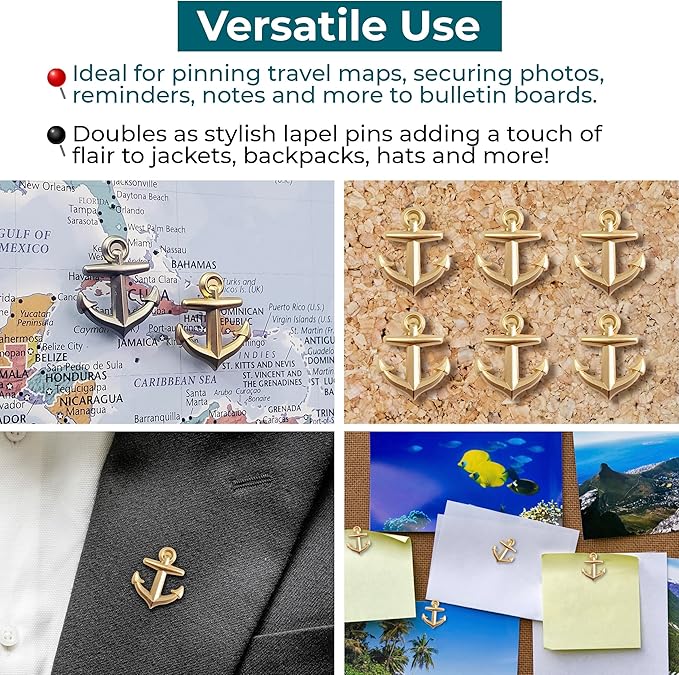 Anchor Push Pins - Gold Metal Anchor Pins - for Cork Board, Maps, or Lapel Pin Use - Designed in USA - Set of 20