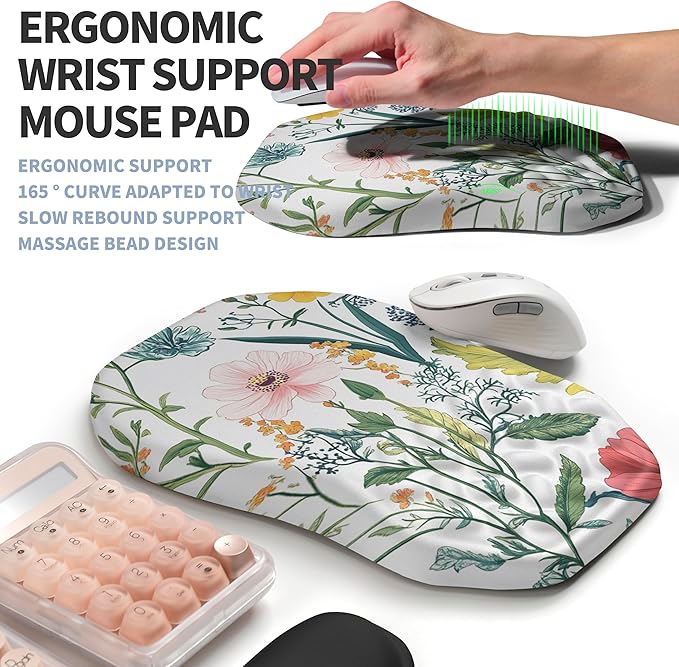 2-in-1 Ergonomic Set, Wave Keyboard Wrist Rest and Massage Slope Mouse Pad Wrist Support, Rebound Memory Foam for Relieve Carpal Tunnel Syndrome and Wrist Pain (Pink Flowers)