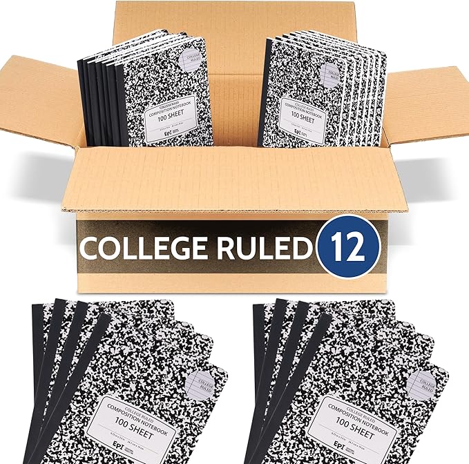 EPI 12 Pack College Ruled Composition Notebook Black - 200 Pages (100 Sheets), 9-3/4 x 7-½ - Classroom Back to School Supplies, Heavy Duty, Durable Hardcover Office Notebooks, Sewn