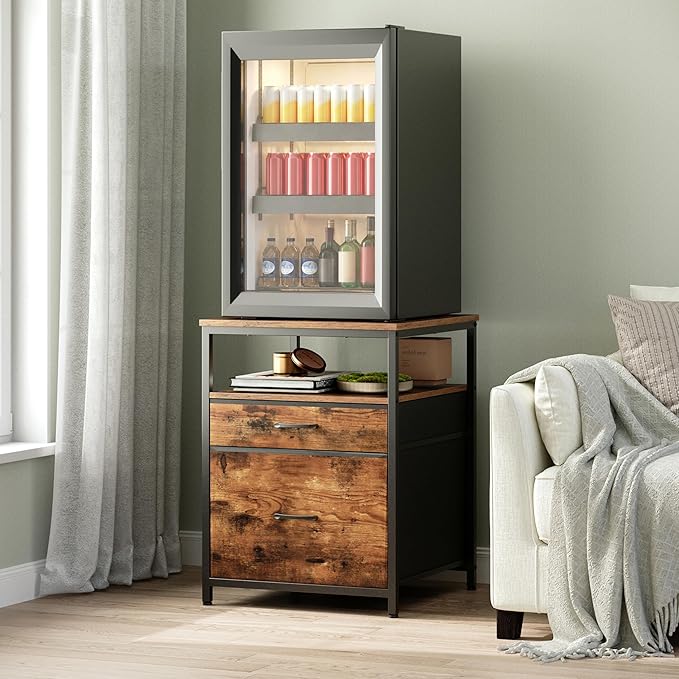 Mini Fridge Stand with 3 Storage, Mini Fridge Cabinet, Beverage Fridge Table, Heavy Duty 21.3" L* 22.7" W Tabletop, for Dorm, Apartment,Office, Bedroom Rustic Brown HB01BXN
