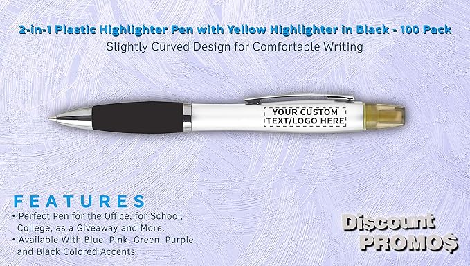 DISCOUNT PROMOS Personalized Plastic Highlighter Pens - 100 pack - Customizable Text, Logo - Black
