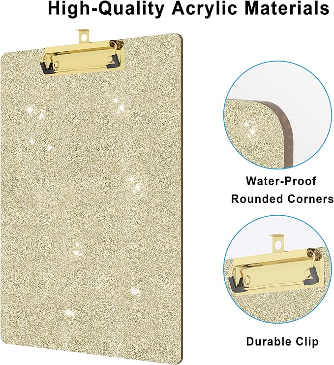 Glitter Acrylic Clipboard Decorative Standard A4 Letter Size 12.2" x 8.7", Fashion Bling Clip Boards with Designed Low Profile Gold Clip for Classroom Office - Light Gold