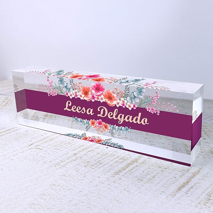 Artblox Office Desk Name Plate Personalized | Custom Name Plates for Desks | Wild Flowers Design On Clear Acrylic Glass | Office Desk Decor - (8" x 2.5")