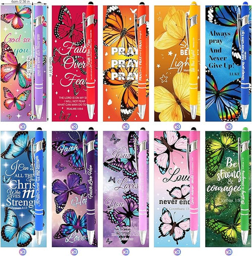 30 Sets Christian Bible Verse Pens Gifts Bulk Pens with Butterfly Bookmarks Religious Favors Prayers Christian Women Gifts Bulk Church Items Scripture Black Ink Ballpoint Stylus Pen for Touchscreen