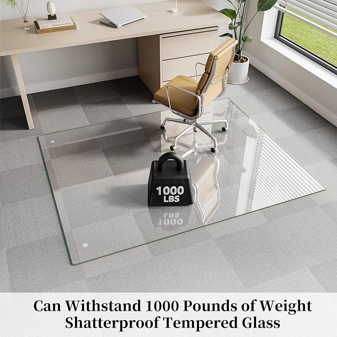 FlyEcho Glass Chair Mat 51" x 63" Heavy Duty Tempered Glass Office Chair Mat, Glass Floor Mat with Round Corner and Polished Edge for Smooth Glide, Carpet Hardwood Floor Protector