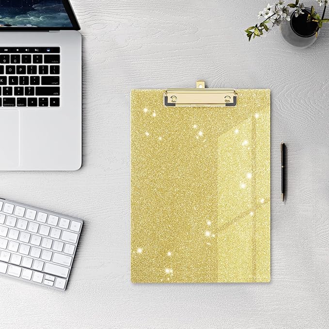 Glitter Acrylic Clipboard Decorative Standard A4 Letter Size 12.2" x 8.7", Fashion Bling Clip Boards with Designed Low Profile Gold Clip for Classroom Office - Gold