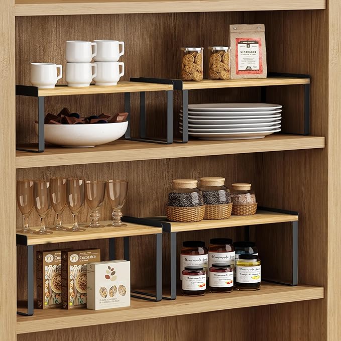 Kitchen Cabinet Organizer Shelf Set of 4, Stackable Pantry Cupboard Countertop Storage and Organizer, Desk Shelf Riser, Spice Plate Cup Expandable Storage Rack,(Black Bamboo) Large