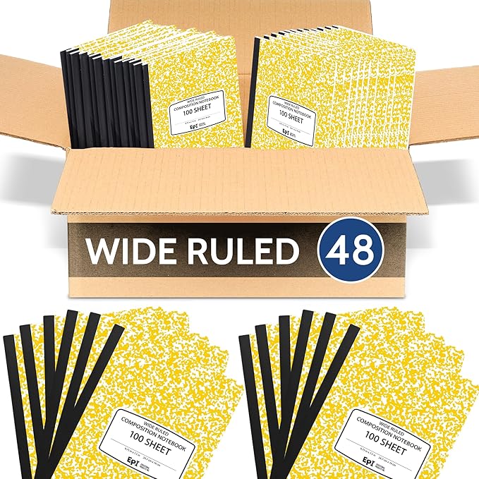 EPI 48 Pack - Yellow Marble Composition Notebook - Wide Ruled 200 Page Note Book - 9.75 x 7.5 Inch Hardcover Journal with Sewn Binding for Secure Pages - Classroom Back To School Supplies