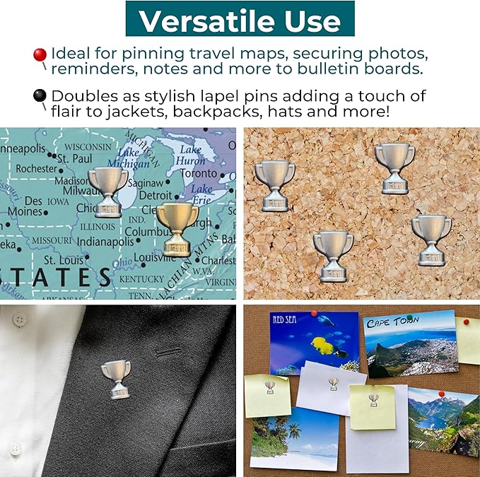 1st Place Trophy Push Pins - Silver First Place Trophy Map Pins for Cork Boards, Maps, or Lapel Use - Designed in USA - Set of 4