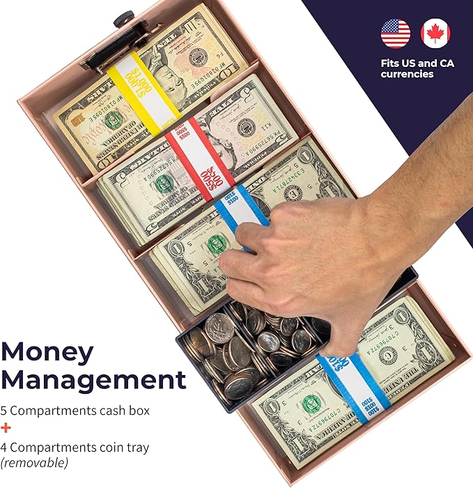 Volcora Cash Box Money Organizer - 15” x 7.5” x 4” Cashbox 5 Compartments Drawer Tray - Bills and Coin Slot with Combination Lock for POS Register, Kiosk, Retail, Personal and Business Use, Pink