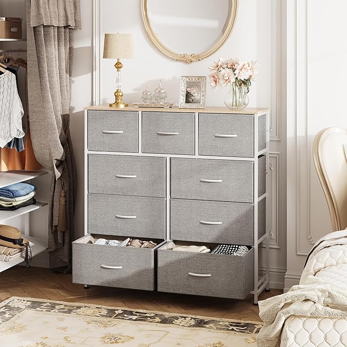 WLIVE 9-Drawer Dresser, Fabric Storage Tower for Bedroom, Hallway, Entryway, Closet, Tall Chest Organizer Unit with Fabric Bins, Steel Frame, Wood Top, Easy Pull Handle, Light Grey