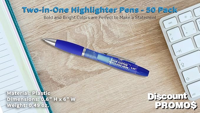 DISCOUNT PROMOS Personalized Two in one Highlighter Pens - 50 pack - Plastic Pens - Customizable Text, Logo - Blue