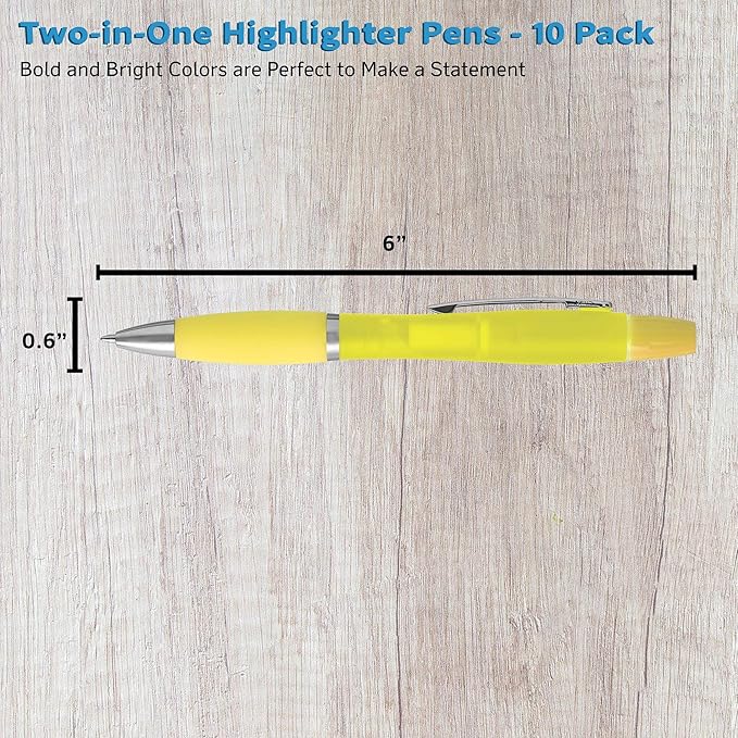 DISCOUNT PROMOS 10 Two in one Highlighter Pens Pack - Ballpoint, Silver Accents - Yellow