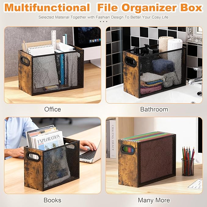 Piskyet Wooden Hanging File Organizer for desk, Metal Mesh File Folder Organizer Crate Cabinet Storage Box with Handle for Home Office Desk,Letter - Size,Rustic Brown