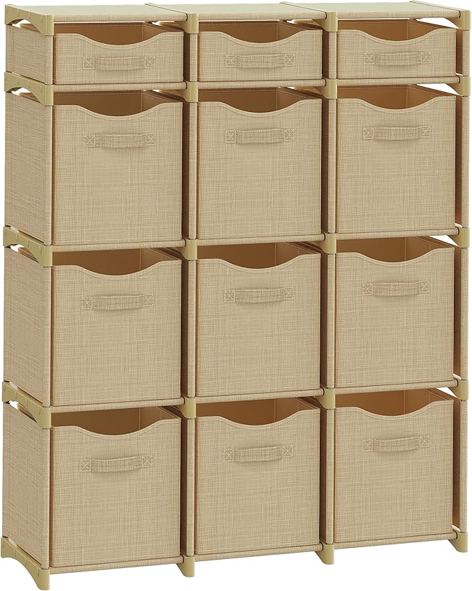 12 Cube Closet Organizer And Storage Unit With Drawers | Includes All Storage Bins | Easy To Assemble Room Organizer For Clothes, Baby, Bedroom, Playroom, Dorm (Beige)