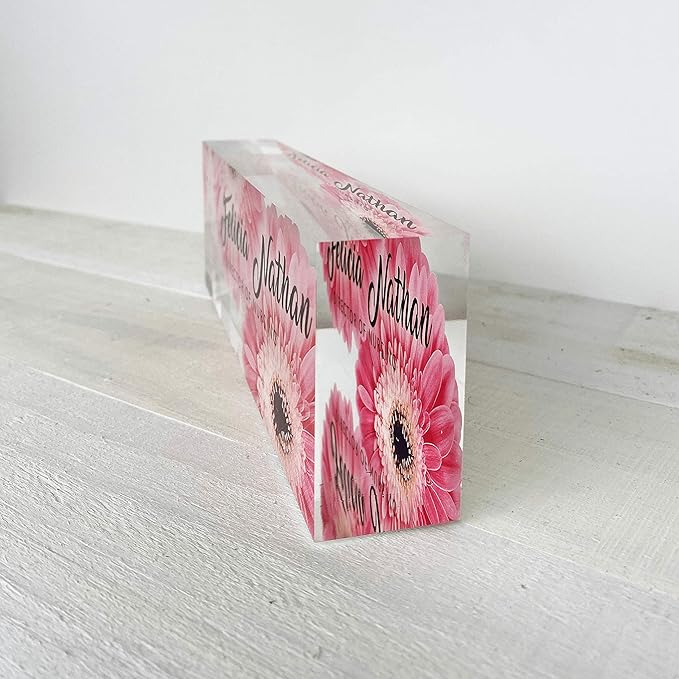 Artblox Office Desk Name Plate Personalized | Custom Name Plates for Desks | Pink Daises Design On Clear Acrylic Glass | Office Desk Decor - (8" x 2.5")