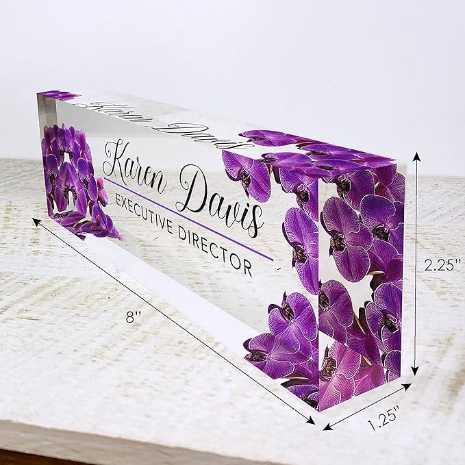 Artblox Office Desk Name Plate Personalized | Custom Name Plates for Desks | Purple Orchid Design On Clear Acrylic Glass | Office Desk Decor - (8" x 2.5")