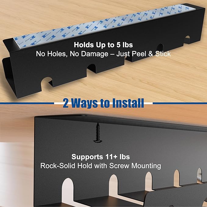 2 Pack 17" Under Desk Cable Management Tray, Metal Wire Management Standing Desk Cord Organizer Power Strip Holder with Cable Ties and Clips for Home Office, Black