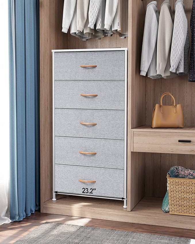 Crestlive Products Vertical Dresser Storage Tower - Sturdy Steel Frame, Wood Top, Easy Pull Fabric Bins - Wide Organizer Unit for Bedroom, Hallway, Entryway, Closets - 5 Drawers(Light Gray)