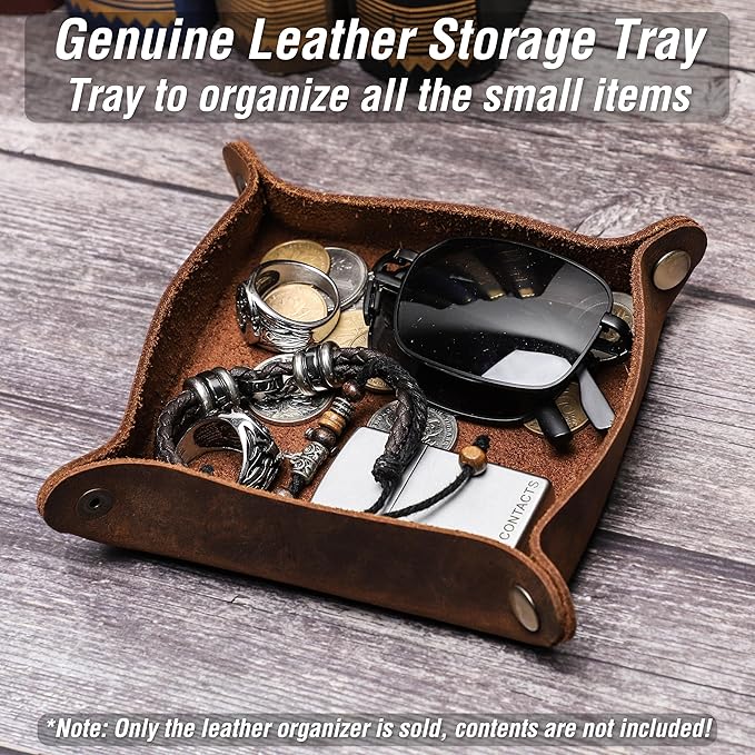Top Grain Leather Desk Valet Tray Organizer for Man & Woman, Handmade Vintage Design, Foldable Design with Snap Buttons, Office Capacity Organizer Storage for Wallets/Watches/Keys/Coins, Coffee, Small