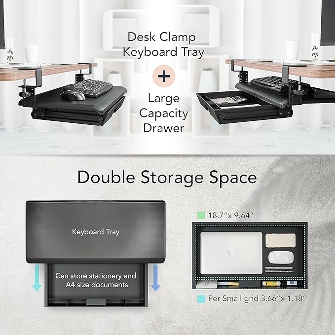 EHO Keyboard Tray with Drawer - Clamp On Under Desk Pull Out Extender Table Attachment Platform with Storage Organizer, Large 27.5" (31.8" Including Clamps) x 12.2", Height Adjustable for Home Office