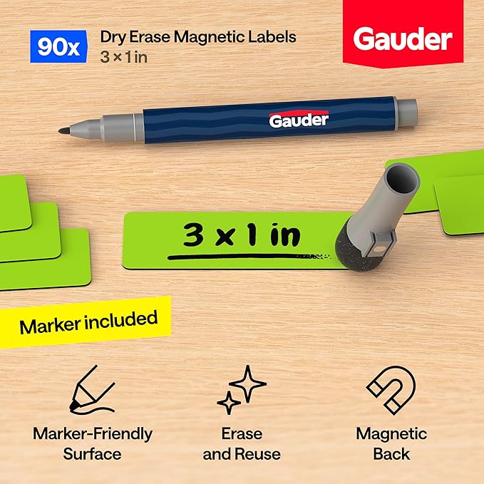 GAUDER Magnetic Dry Erase Labels | 90x Magnetic Labels (3 Inches x 1 Inch) | Dry Erase Magnets for Classroom, Whiteboard and Blackboard
