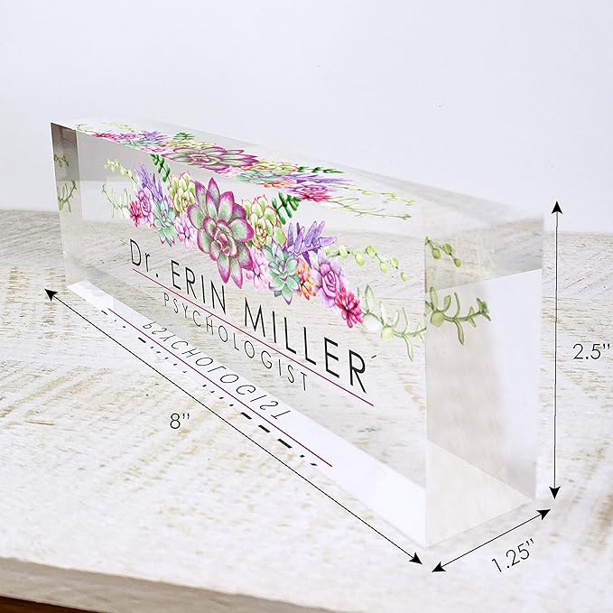 Artblox Office Desk Name Plate Personalized | Custom Name Plates for Desks | Succulents Design On Clear Acrylic Glass | Office Desk Decor - (8" x 2.5")