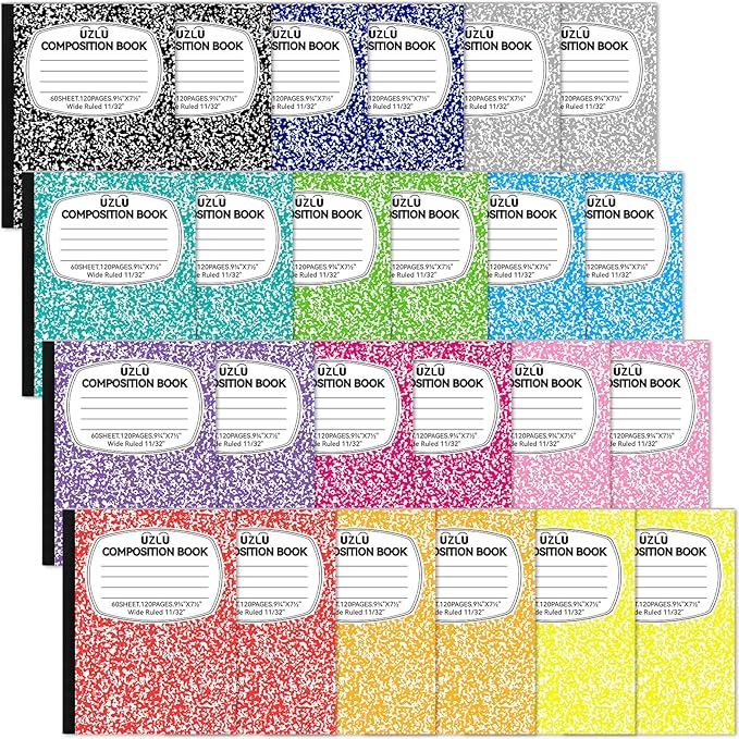 24 Pack Large Composition Notebooks Bulk 9.75 x 7.5 in Wide Ruled Composition Books 12 Color Assorted Marble Journal Notebook 60 Sheets per Book for Aldult Student College Office Back to School Supplies